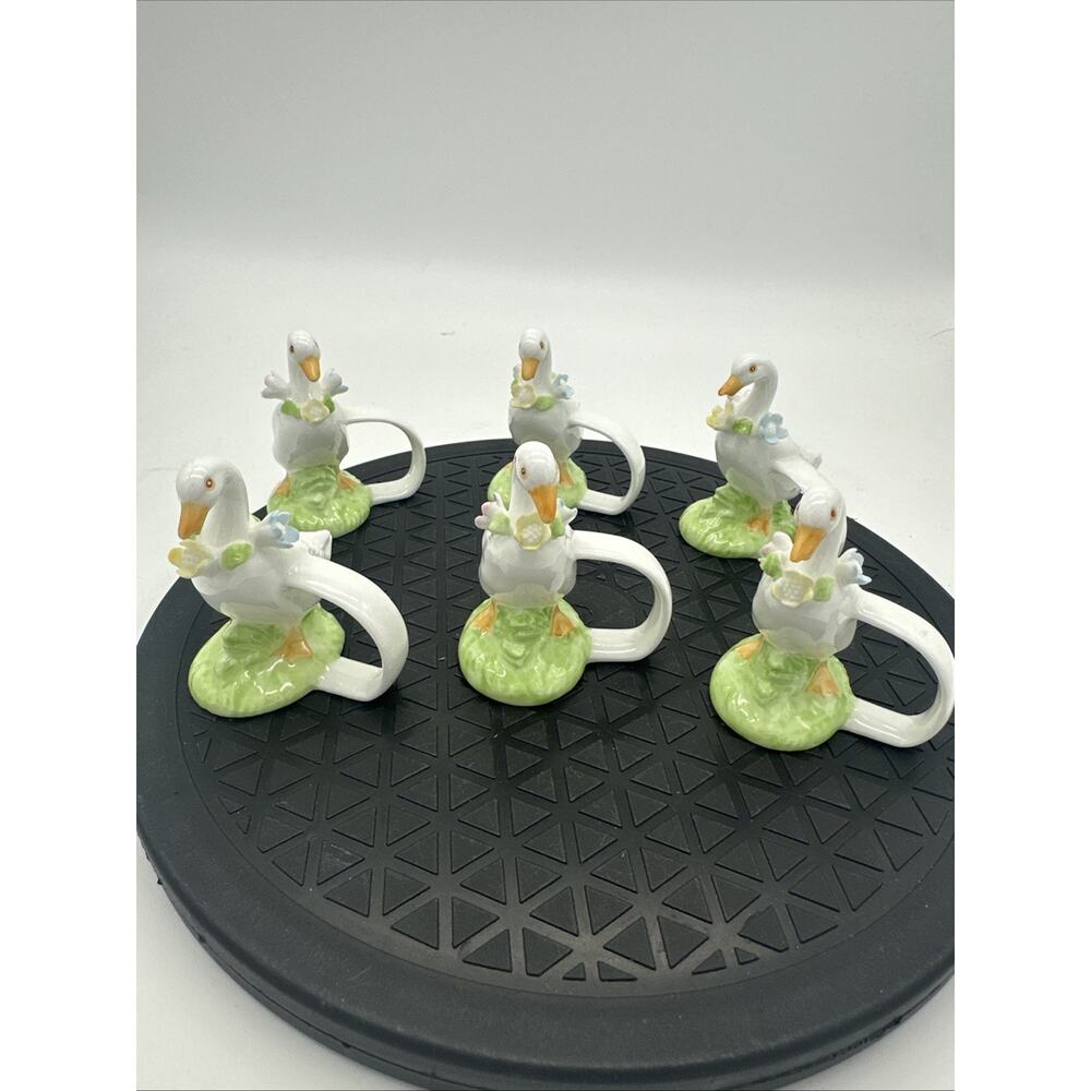 Set Of 6 Vintage Hand Painted Porcelain Ceramic Goose Napkin Rings EUC